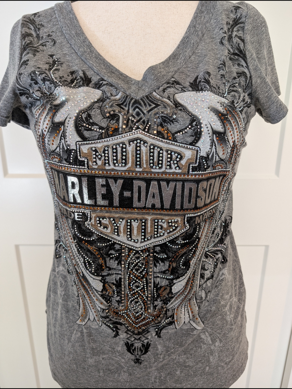 Harley-Davidson Gray Rhinestone Embellished V-Neck Tee